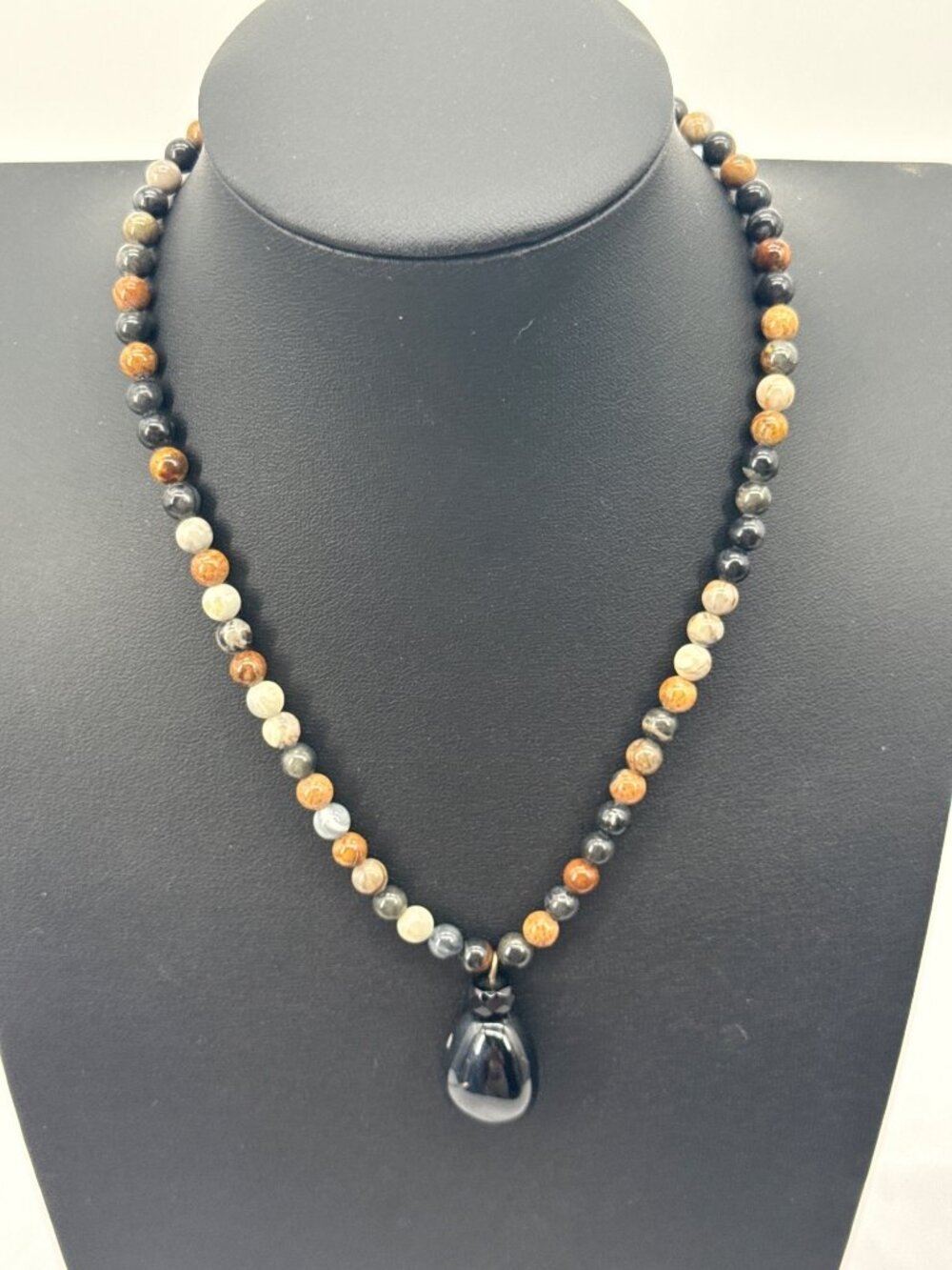 925 Stamped Boho Earth Tone Gemstone Beaded Necklace Black Onyx Teardrop Pendant